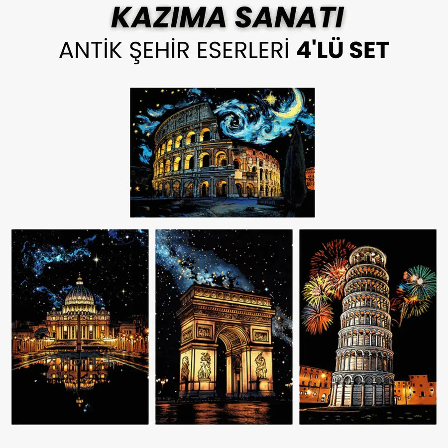 Antik Şehir Eserleri 4'lü kazıma seti - tamamlanmış görünüm