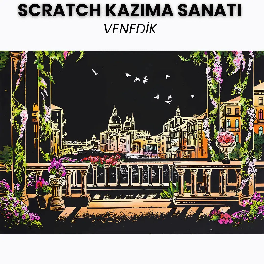 Scratch Kazıma Sanatı | Kazıyarak Çizim Seti | Venedik + Serbest Çizim Kağıdı | 28×40 cm – A3