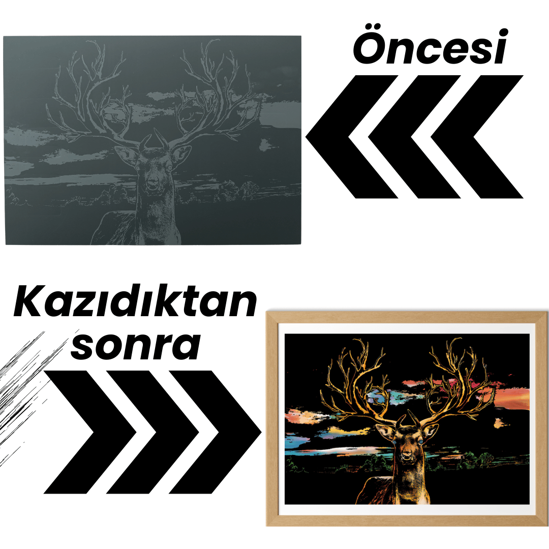 Scratch Kazıma Sanatı | Kazıyarak Çizim Seti | Geyik + Serbest Çizim Kağıdı  | Türk Temalı |28×40 cm – A3