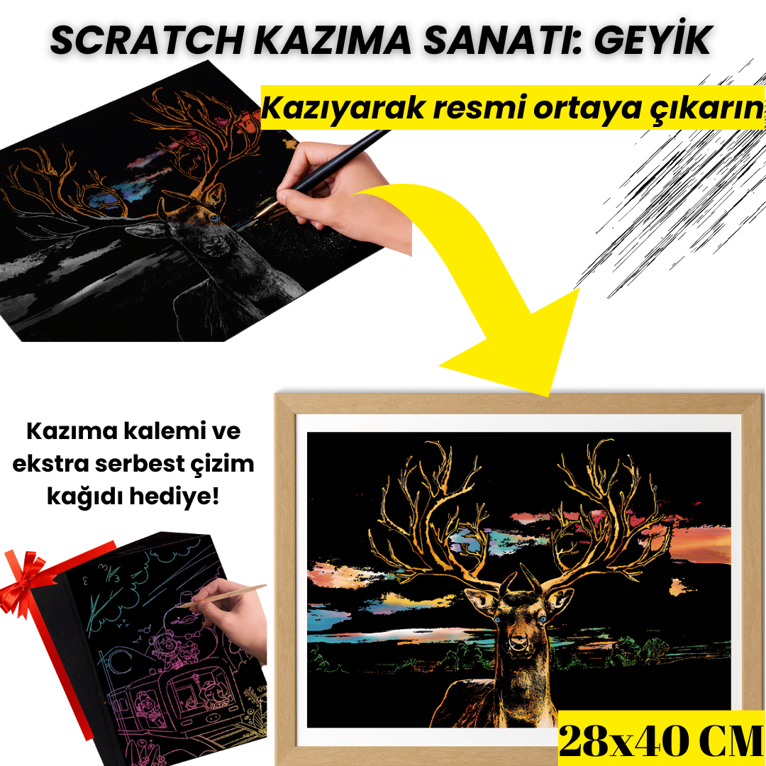 Scratch Kazıma Sanatı | Kazıyarak Çizim Seti | Geyik + Serbest Çizim Kağıdı  | Türk Temalı |28×40 cm – A3