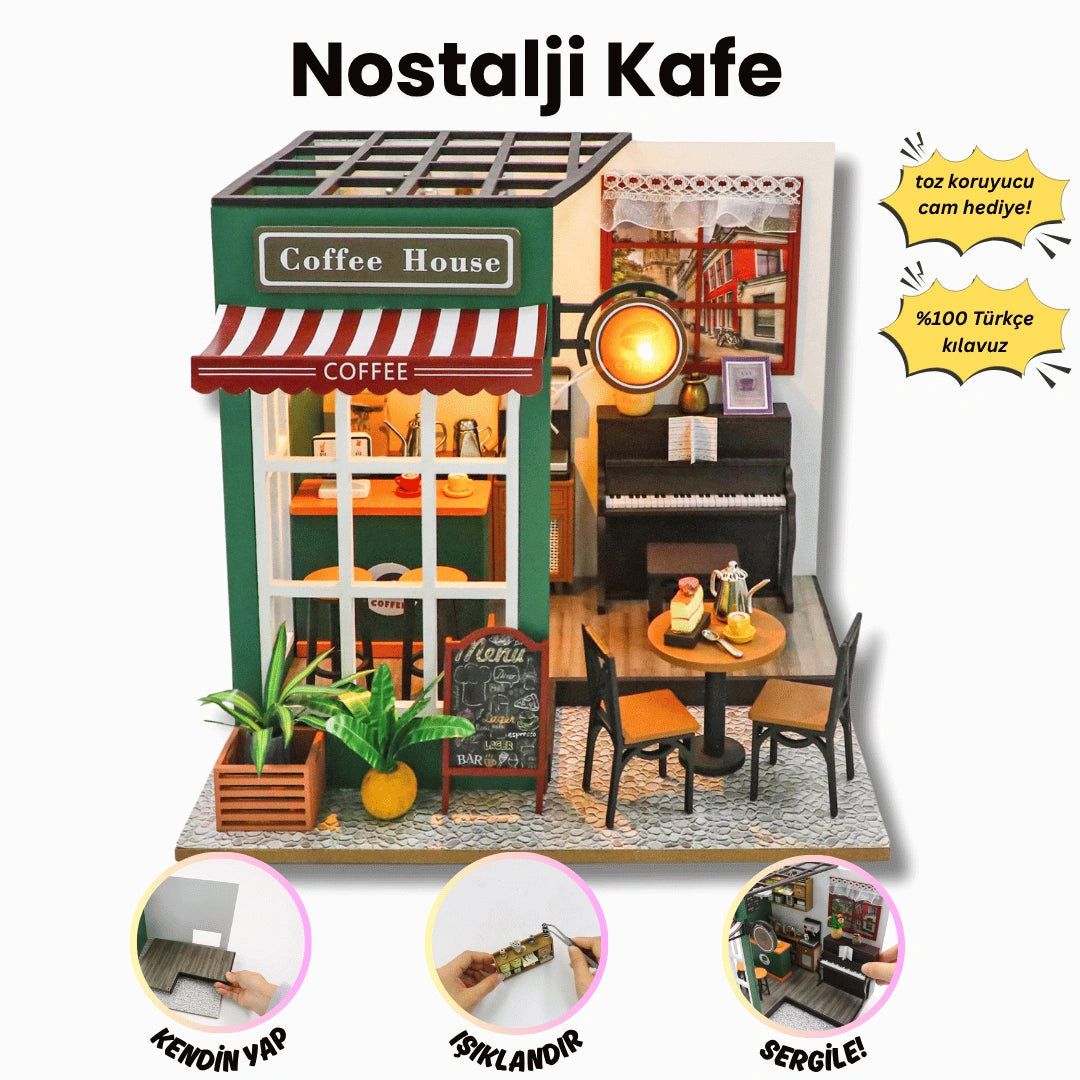 Nostajli Kafe| Kendin Yap Minyatür Kafe| Minyatür Maket Ev | Ahşap Hobi Seti | LED Işıklı 3D Puzzle