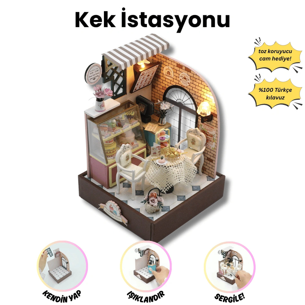 Kek İstasyonu | Kendin Yap Minyatür Pastane | Minyatür Maket Ev | Ahşap Hobi Seti | LED Işıklı 3D Puzzle