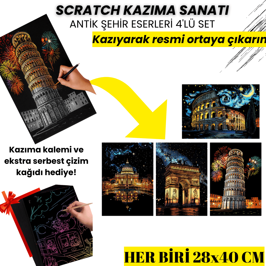 Scratch Kazıma Sanatı | Kazıyarak Çizim Seti | Antik Şehir Eserleri 4’lü Set | 28x40 cm - A3 Kazıma Kağıdı