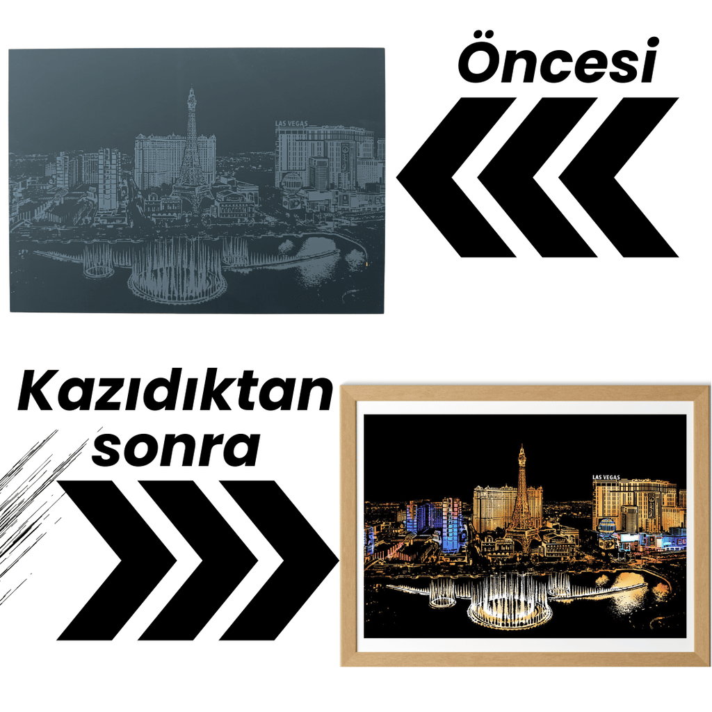 Scratch Kazıma Sanatı | Kazıyarak Çizim Seti | Las Vegas  + Serbest Çizim Kağıdı | 28×40 cm – A3