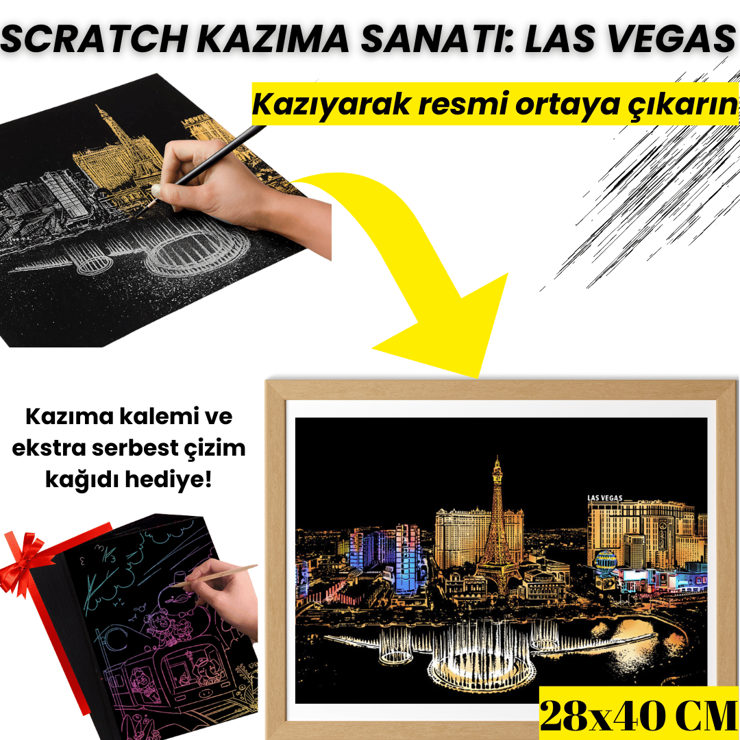 Scratch Kazıma Sanatı | Kazıyarak Çizim Seti | Las Vegas  + Serbest Çizim Kağıdı | 28×40 cm – A3