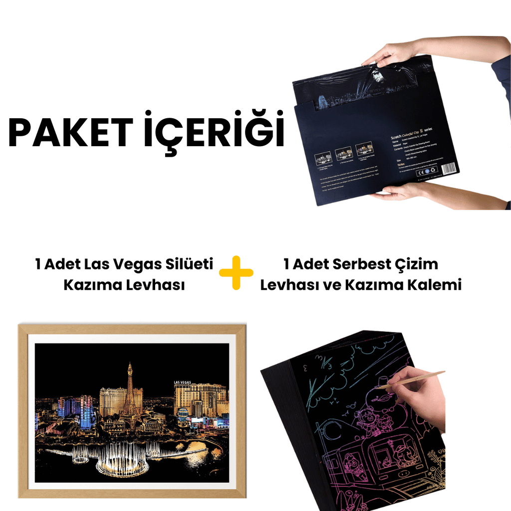 Scratch Kazıma Sanatı | Kazıyarak Çizim Seti | Las Vegas  + Serbest Çizim Kağıdı | 28×40 cm – A3