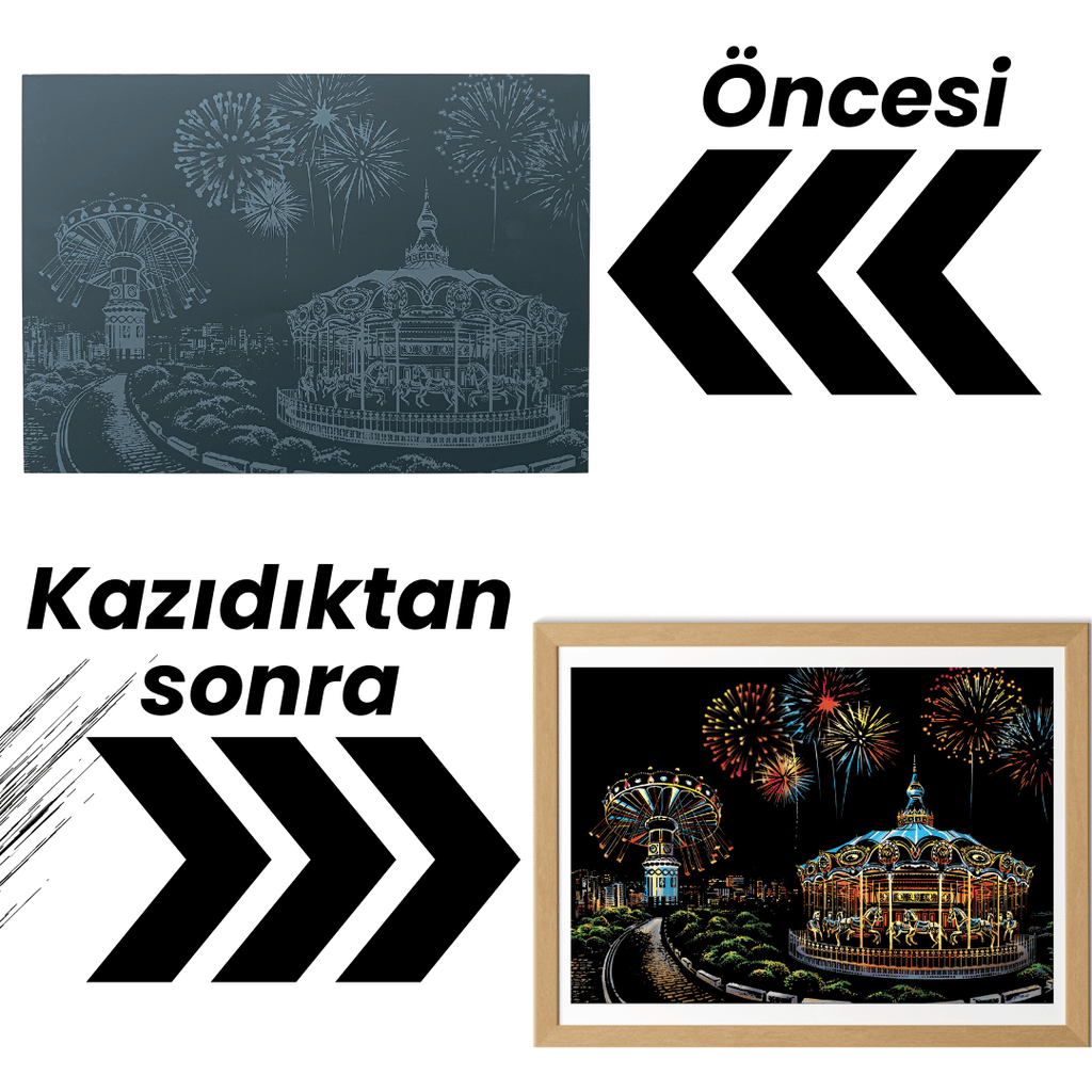 Scratch Kazıma Sanatı | Kazıyarak Çizim Seti | Lunapark  + Serbest Çizim Kağıdı  | 28×40 cm – A3