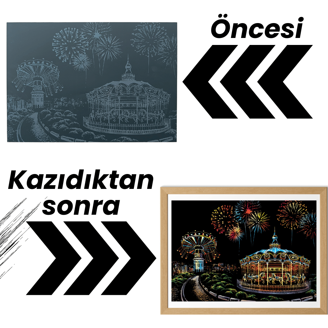 Scratch Kazıma Sanatı | Kazıyarak Çizim Seti | Lunapark  + Serbest Çizim Kağıdı  | 28×40 cm – A3