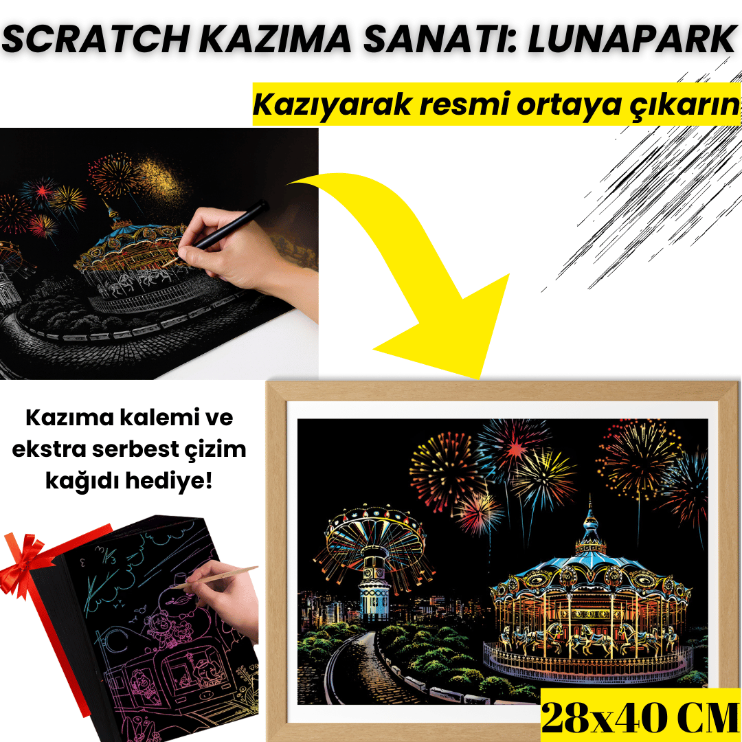Scratch Kazıma Sanatı | Kazıyarak Çizim Seti | Lunapark  + Serbest Çizim Kağıdı  | 28×40 cm – A3
