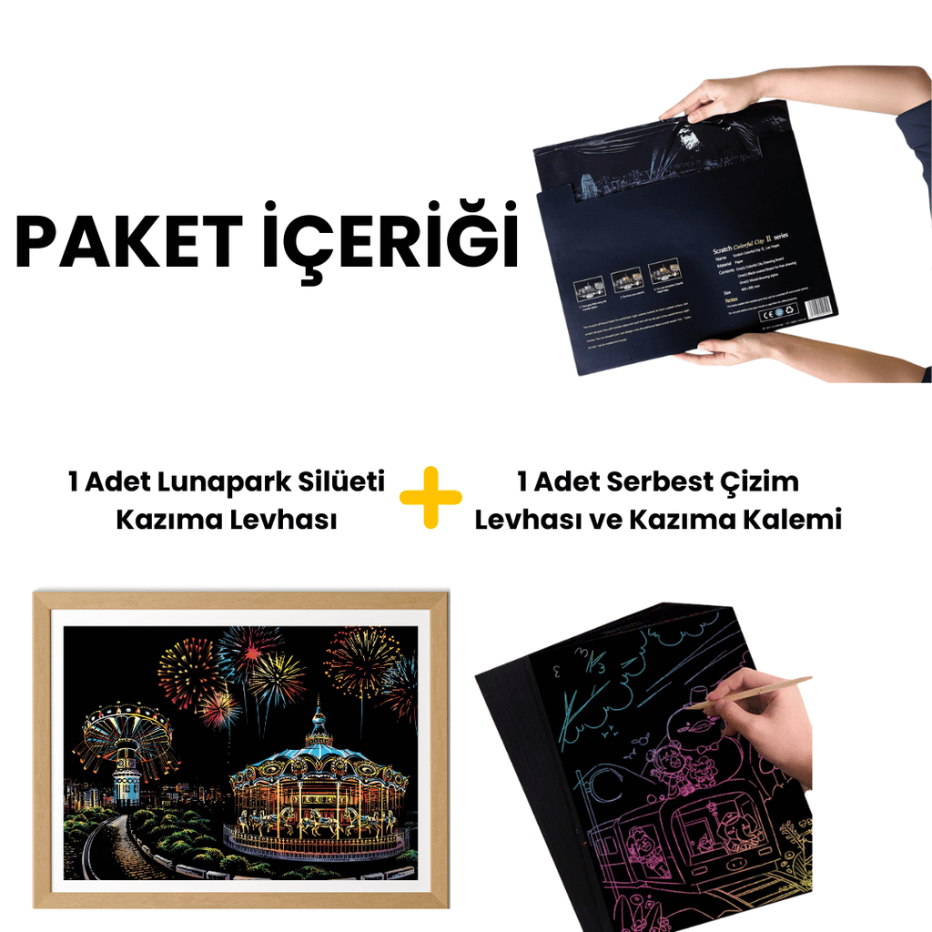 Scratch Kazıma Sanatı | Kazıyarak Çizim Seti | Lunapark  + Serbest Çizim Kağıdı  | 28×40 cm – A3
