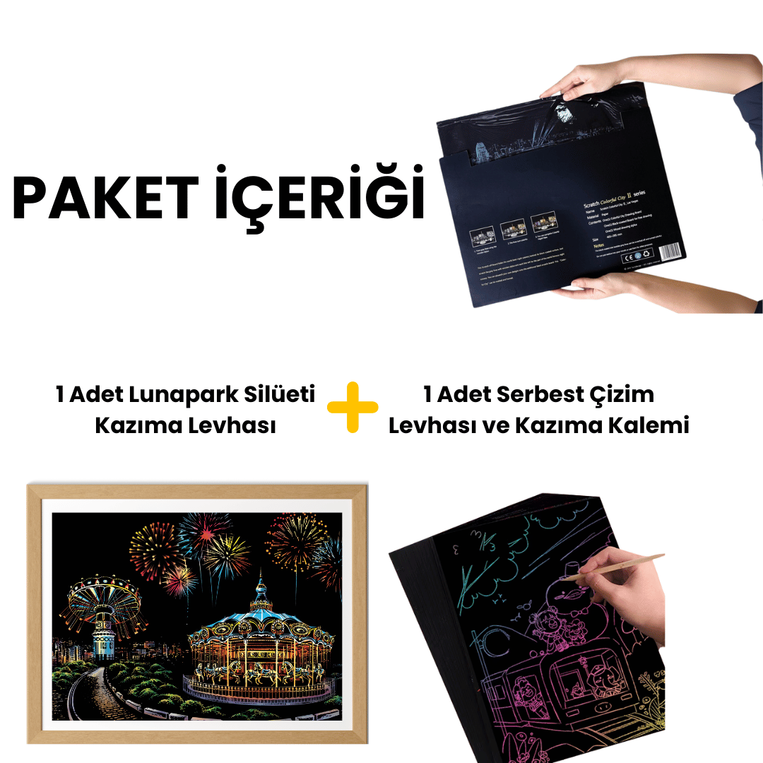 Scratch Kazıma Sanatı | Kazıyarak Çizim Seti | Lunapark  + Serbest Çizim Kağıdı  | 28×40 cm – A3