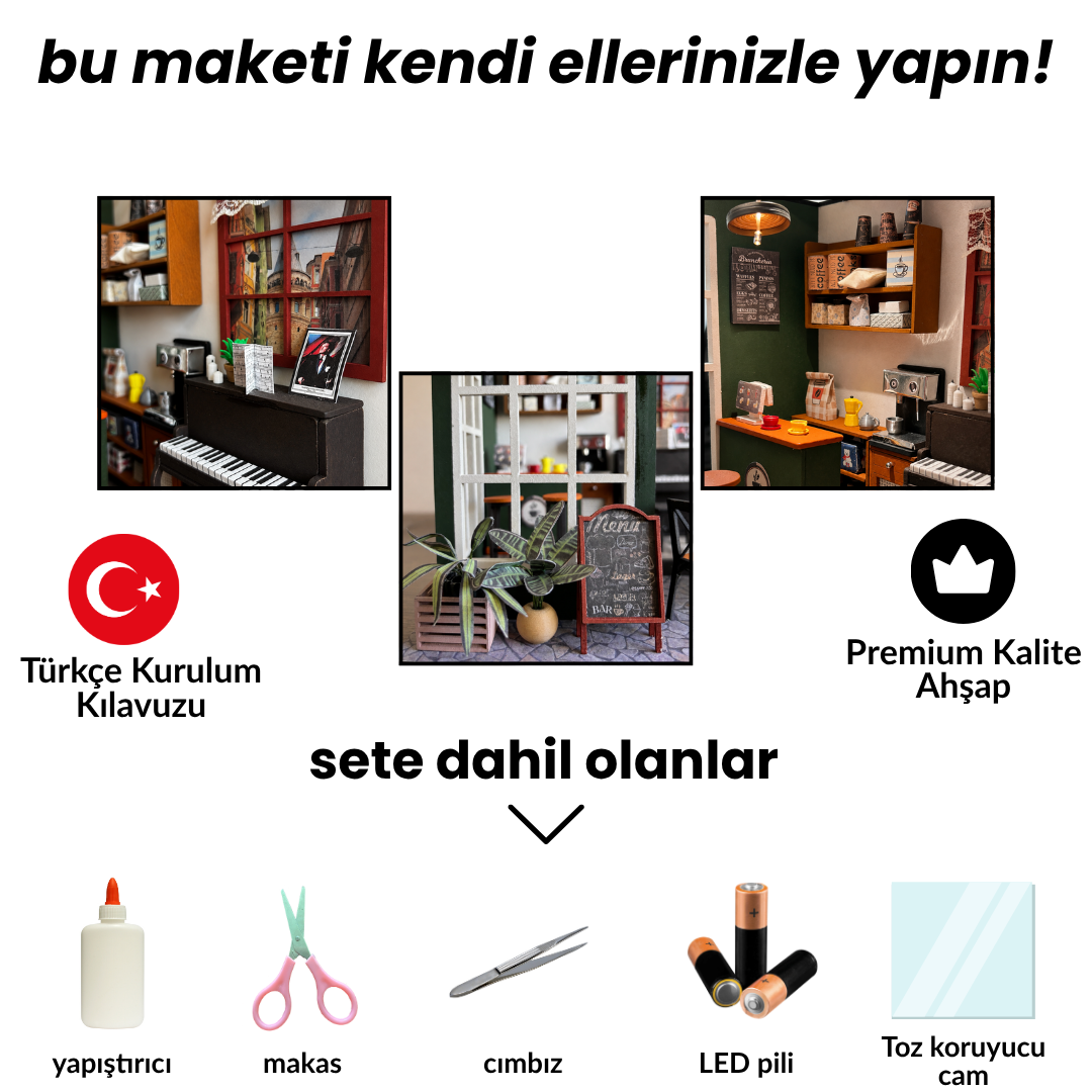 Nostalji Kafe minyatür maket - LED ışıkları açık görünüm