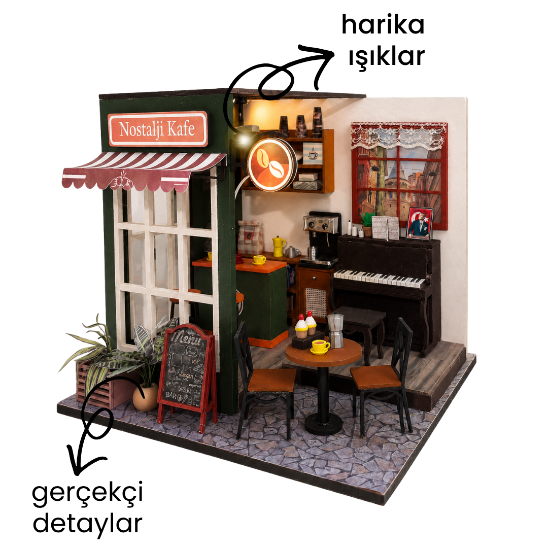 Nostalji Kafe minyatür maket - piyano ve masa detayı