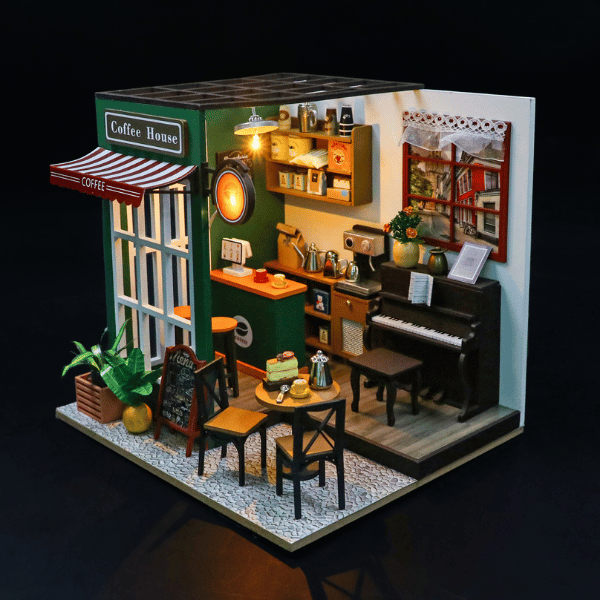 Nostajli Kafe| Kendin Yap Minyatür Kafe| Minyatür Maket Ev | Ahşap Hobi Seti | LED Işıklı 3D Puzzle