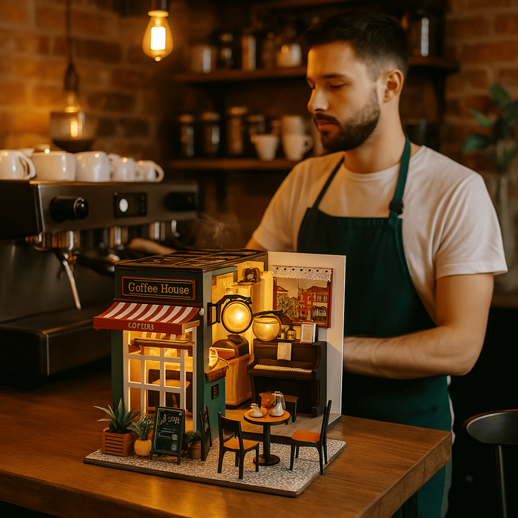 Nostajli Kafe| Kendin Yap Minyatür Kafe| Minyatür Maket Ev | Ahşap Hobi Seti | LED Işıklı 3D Puzzle
