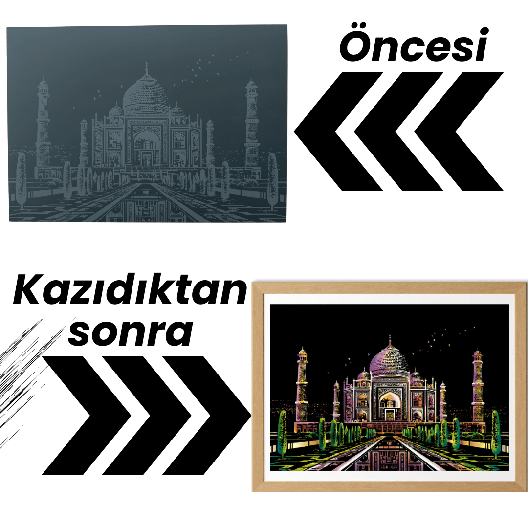 Scratch Kazıma Sanatı | Kazıyarak Çizim Seti | Tac Mahal  + Serbest Çizim Kağıdı  | 28×40 cm – A3