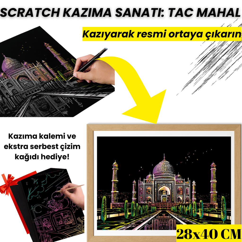 Scratch Kazıma Sanatı | Kazıyarak Çizim Seti | Tac Mahal  + Serbest Çizim Kağıdı  | 28×40 cm – A3
