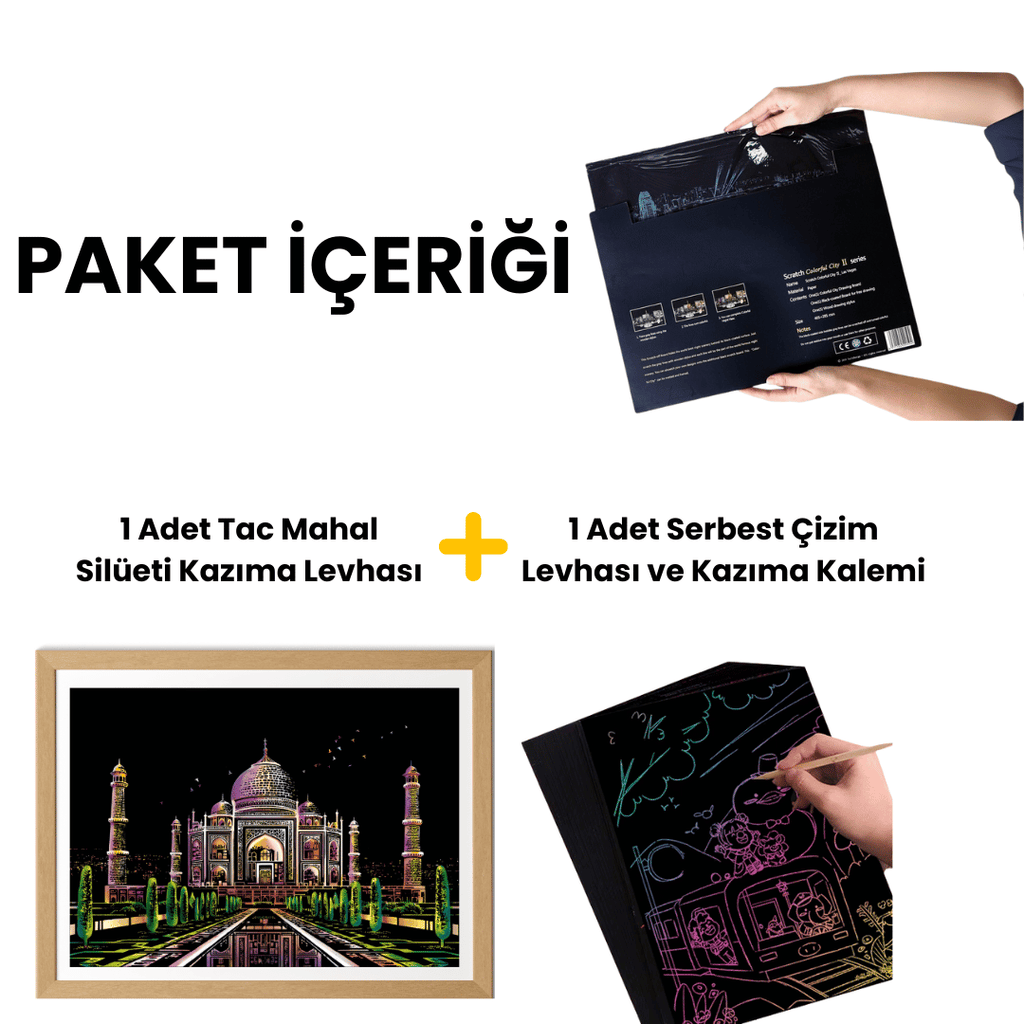 Scratch Kazıma Sanatı | Kazıyarak Çizim Seti | Tac Mahal  + Serbest Çizim Kağıdı  | 28×40 cm – A3