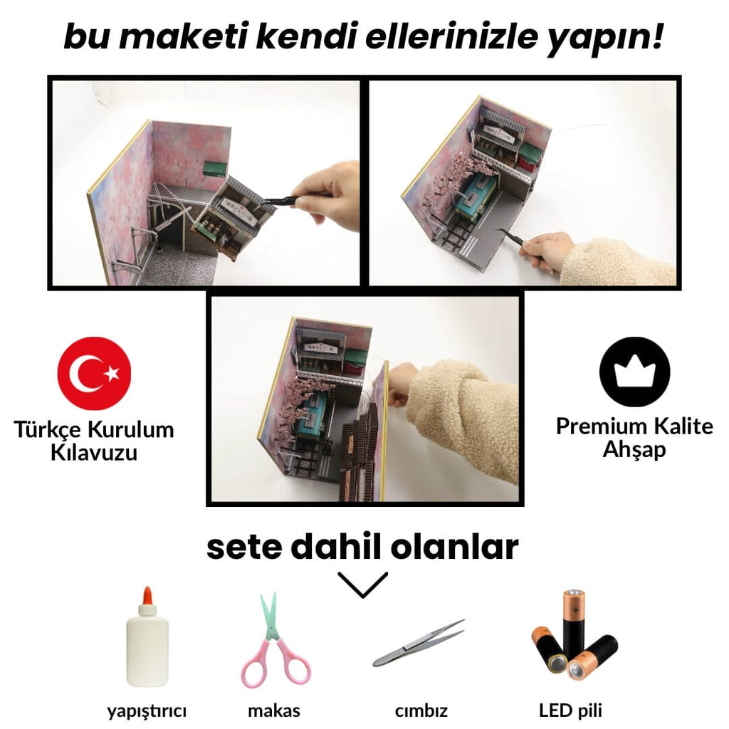 Huzur Caddesi | Minyatür Kitap Arası Maketi | Kendin Yap Booknook | Ahşap Hobi Seti | LED Işıklı 3D Puzzle
