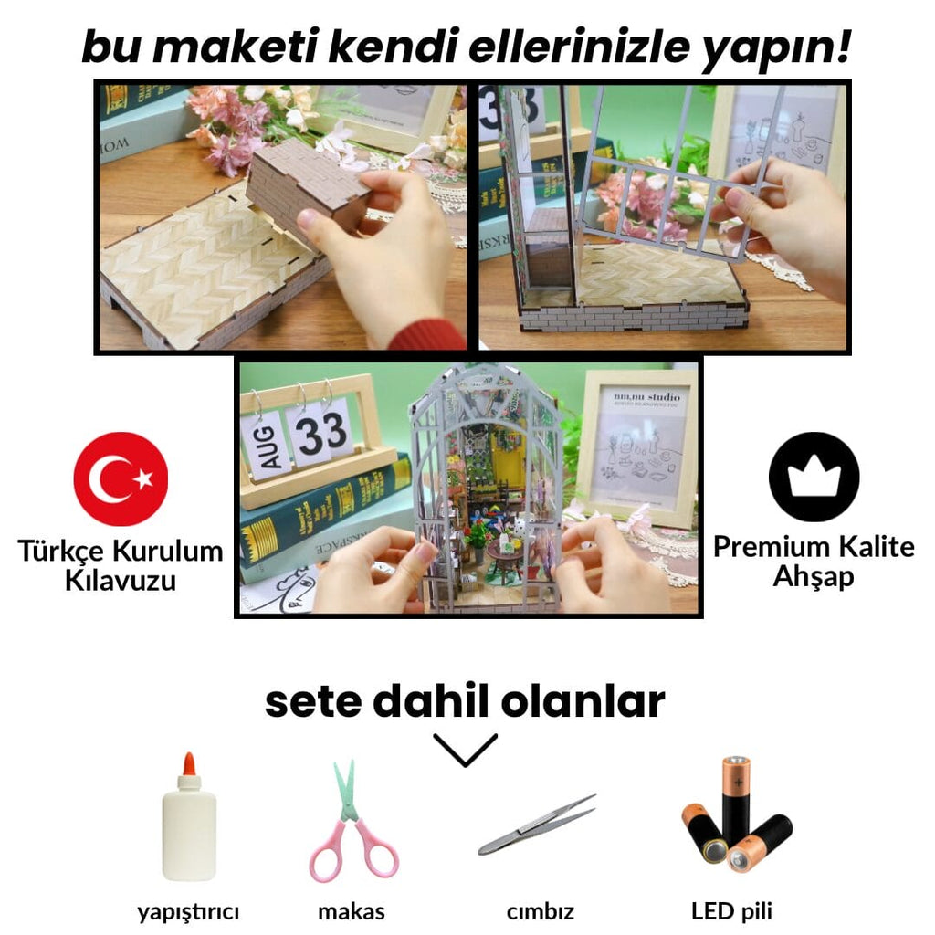 Yeşil Mabet | Minyatür Kitap Arası Maketi | Kendin Yap Booknook | Ahşap Hobi Seti | LED Işıklı 3D Puzzle