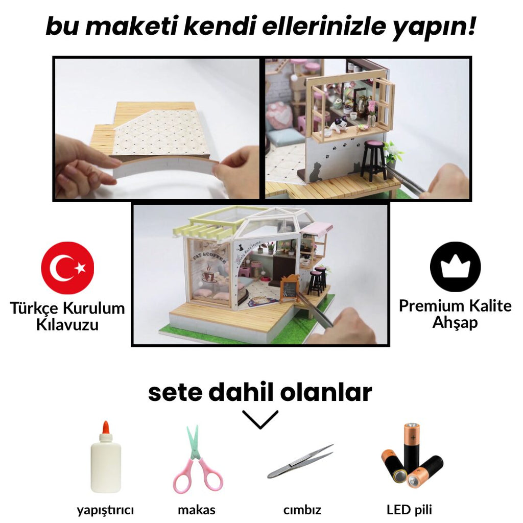 Patikafe | Kendin Yap Minyatür Kafe | Minyatür Maket Ev | Ahşap Hobi Seti | LED Işıklı 3D Puzzle