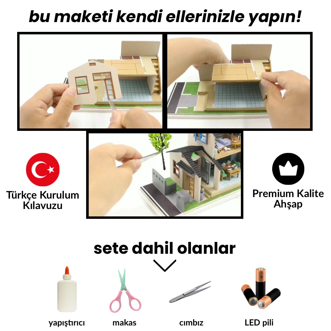 Seen'in Evi | Kendin Yap Minyatür Ev | Minyatür Maket Seti | Ahşap Hobi Seti | LED Işıklı 3D Puzzle