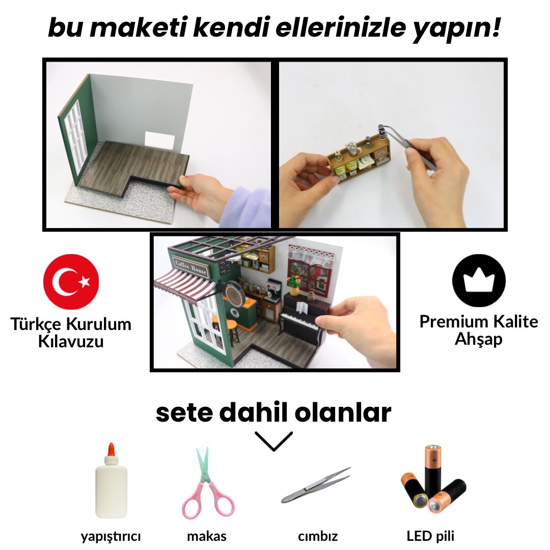 Nostajli Kafe| Kendin Yap Minyatür Kafe| Minyatür Maket Ev | Ahşap Hobi Seti | LED Işıklı 3D Puzzle