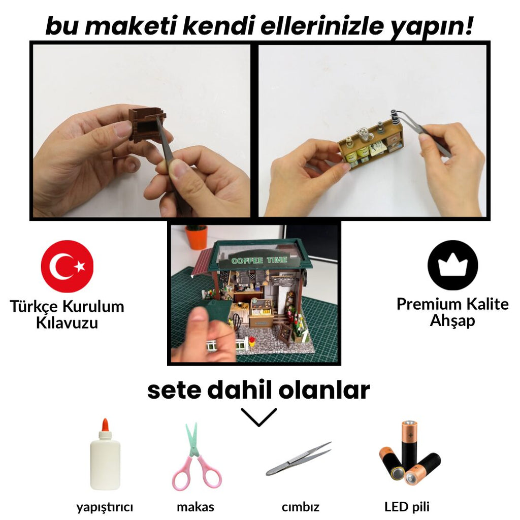 Kahve Zamanı | Kendin Yap Minyatür Kafe | Minyatür Maket Ev | Ahşap Hobi Seti | LED Işıklı 3D Puzzle