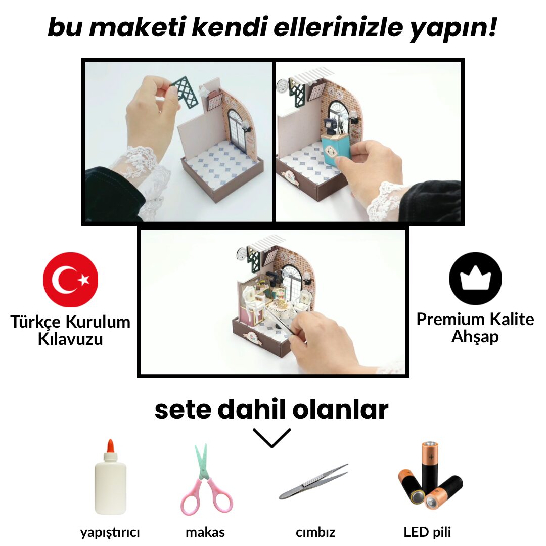 Kek İstasyonu | Kendin Yap Minyatür Pastane | Minyatür Maket Ev | Ahşap Hobi Seti | LED Işıklı 3D Puzzle