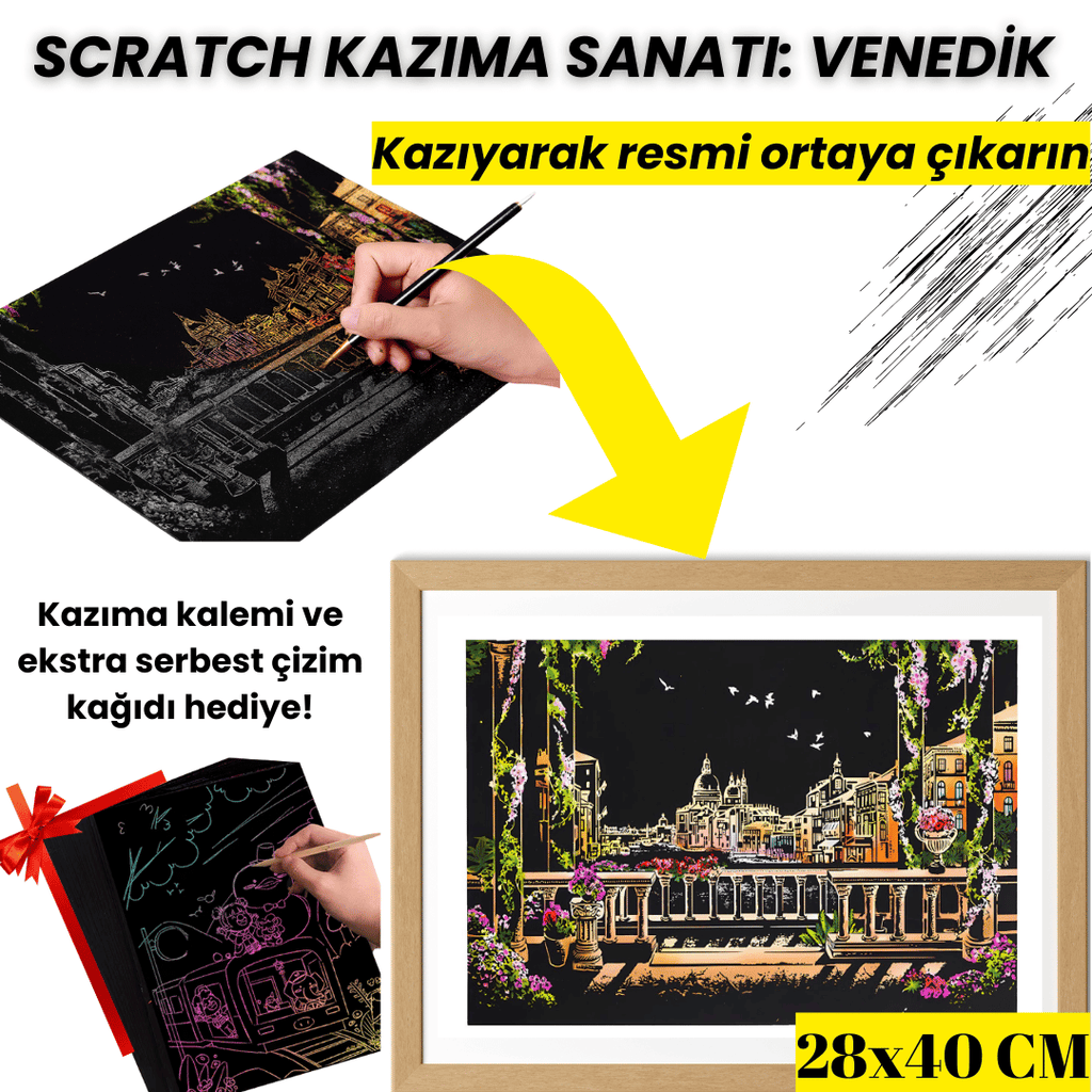 Scratch Kazıma Sanatı | Kazıyarak Çizim Seti | Venedik + Serbest Çizim Kağıdı | 28×40 cm – A3