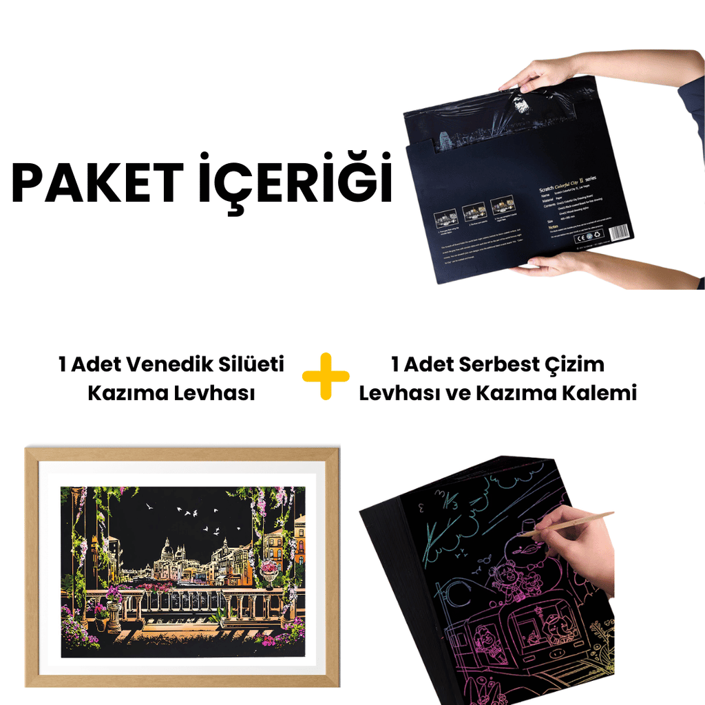 Scratch Kazıma Sanatı | Kazıyarak Çizim Seti | Venedik + Serbest Çizim Kağıdı | 28×40 cm – A3