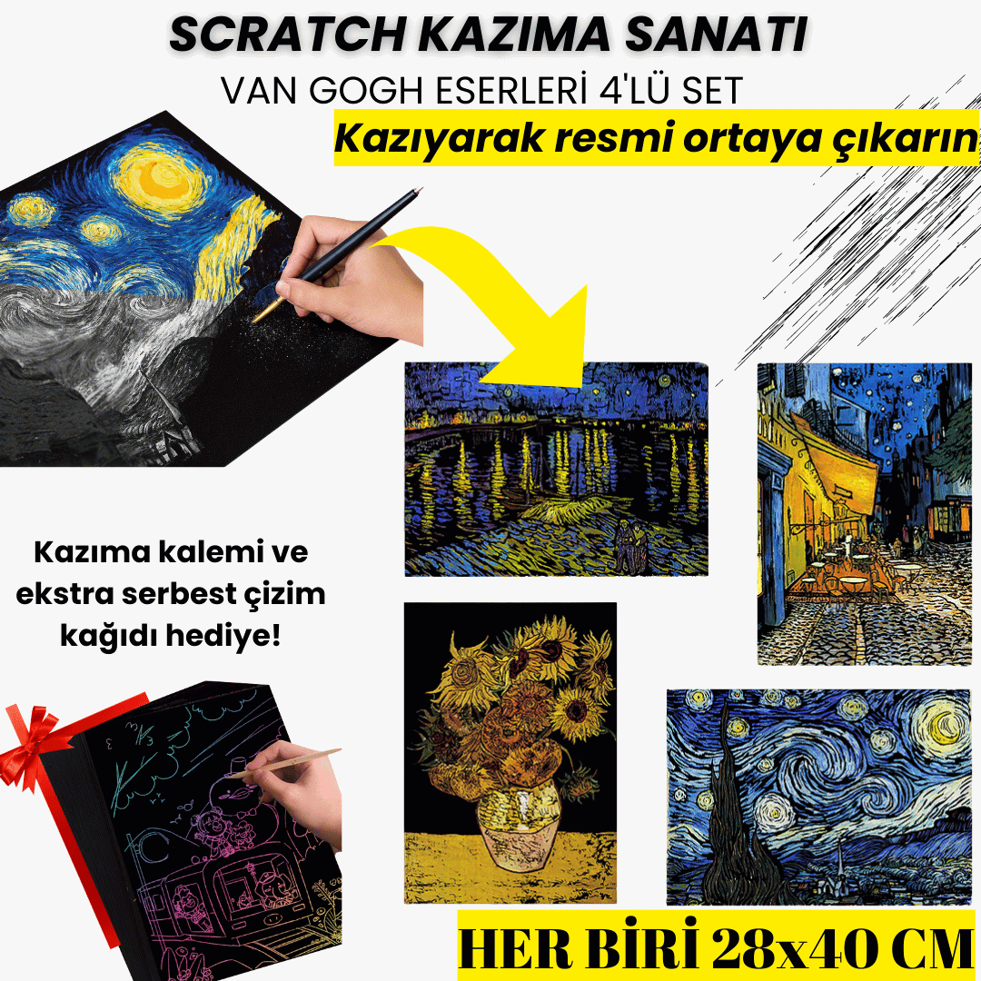 Scratch Kazıma Sanatı | Kazıyarak Çizim Seti | Van Gogh Eserleri 4’lü Set | 28x40 cm - A3
